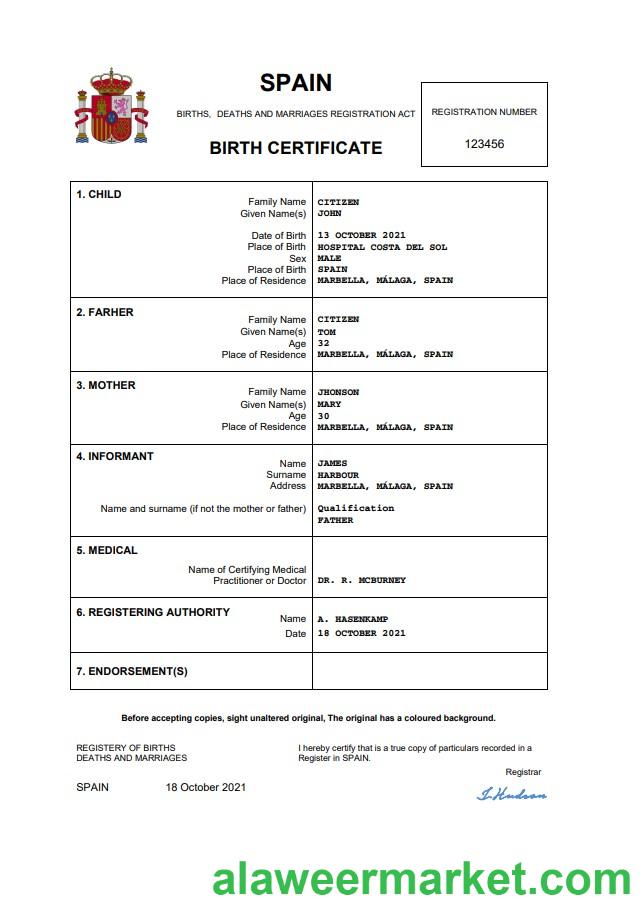 Spain birth certificate Word and PDF template